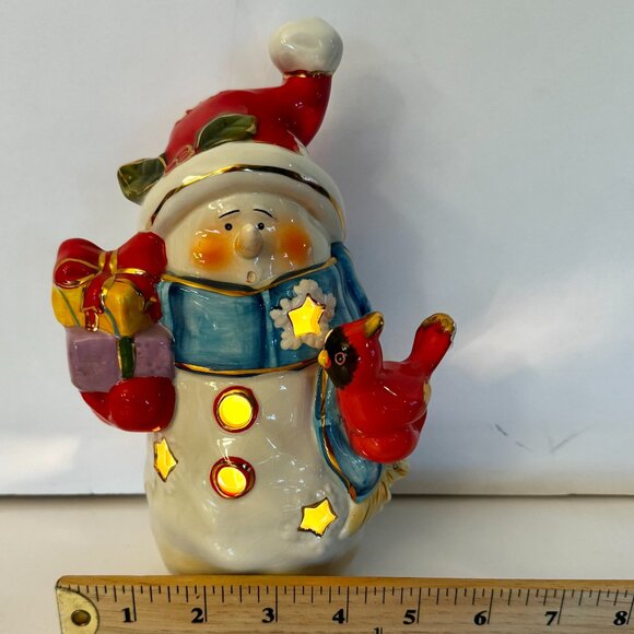 Christmas Snowman Cardinal Ceramic Lighted Figurine Gold Paint Highlights Gift - Picture 6 of 13